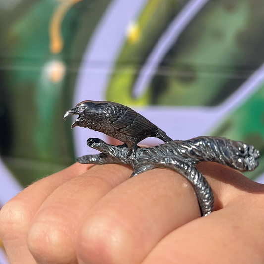 Raven on a Branch Ring (Moissanite eyes, Size 9)