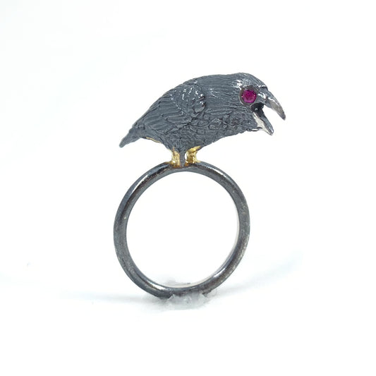 Raven Ring with Rubies and Gold